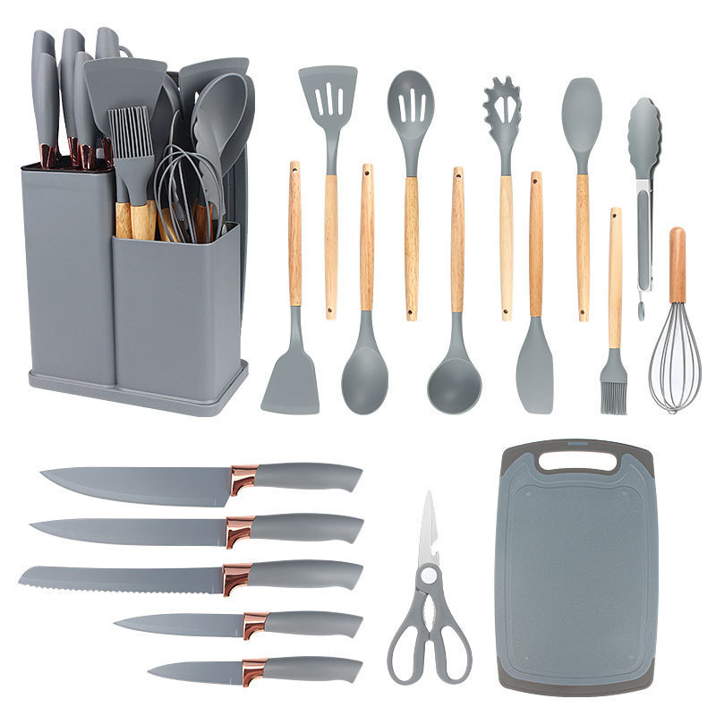 Juego de utensilios de cocina de fábrica de 19 piezas, juego de cuchillos domésticos de silicona, cubo de almacenamiento de cocina, cocina transfronteriza