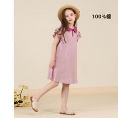 女童夏季新款連衣裙娃娃領飛袖純棉撞色兒童polo裙中長裙洋氣甜美