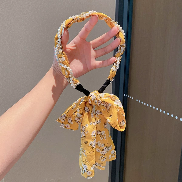 Yellow headband from pearl, floral print