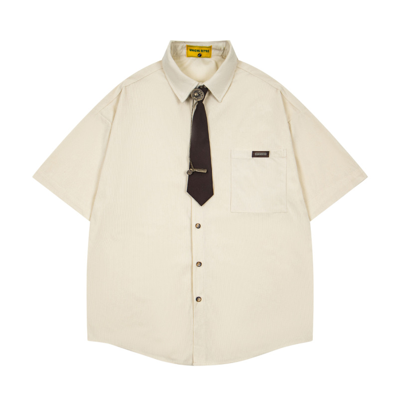 Japanese Retro Summer Corduroy Texture Fake Tie Shirt for Men and Women, Short-Sleeved, Niche Design, College Style Shirt Japanese Retro Summer Corduroy Texture Fake Tie Shirt for Men and Women, Short-Sleeved, Niche Design, College Style Shirt