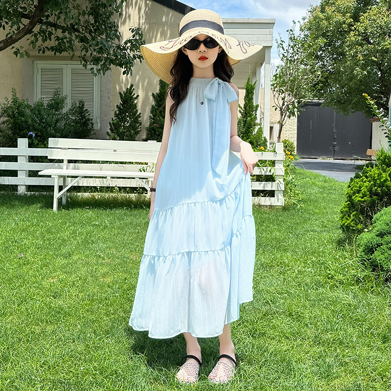 Girls' Halter Neck Dress 2026 Summer New Style, Long Trendy Vacation-Style Beach Dress, Elegant Long Dress Girls' Halter Neck Dress 2026 Summer New Style, Long Trendy Vacation-Style Beach Dress, Elegant Long Dress