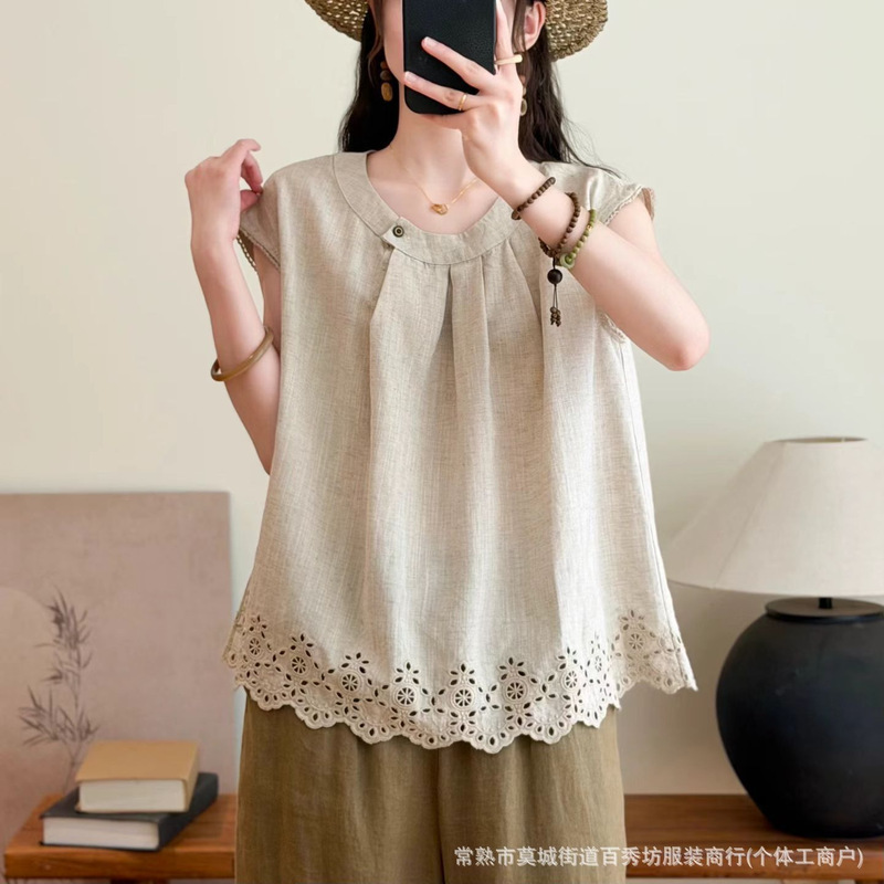 Linen Shirt 2026 Summer Collection Pure Linen Embroidered Shirt New Chinese Style Loose Top Lightweight Women's Linen Blouse