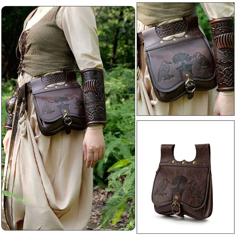 Medieval Retro Leather Waist Bag Double Bird Embossed Waist Bag Larp Forest Style Carry-On Bag Cos Performance Equipment