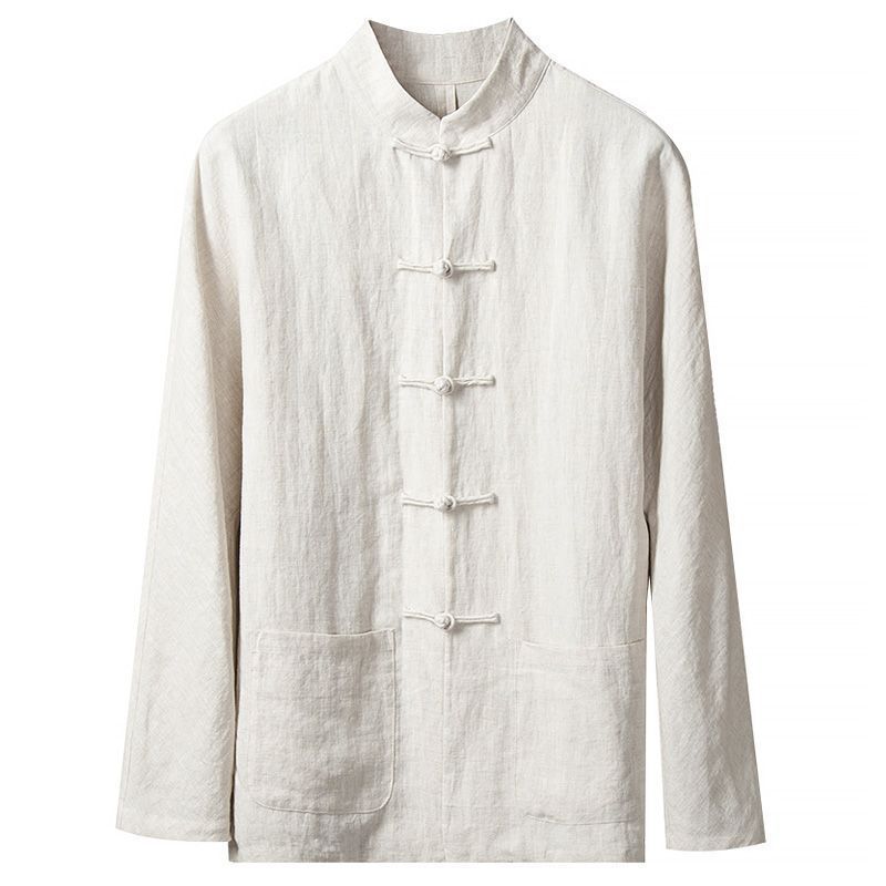 Otoño e invierno nuevo estilo chino retro para hombres camisa de lino de estilo chino para hombres de manga larga de algodón y lino con hebilla camisa cuello alto traje Tang