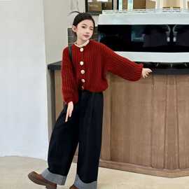 女童毛衣外套秋冬2025新款女大童红色针织儿童初中生开衫本命上衣