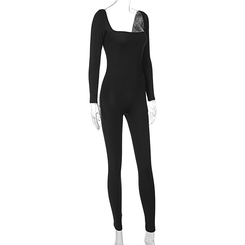 Women's Clothing Summer Solid Color Long Sleeve Belly Waist Shaping Hip Lift Square Collar Jumpsuit