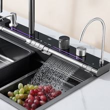 蓝龙鲸鱼304不锈钢5mm家用大单槽厨房飞雨数显瀑布蜂窝洗菜水槽