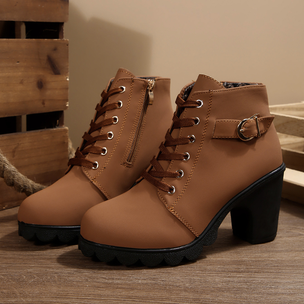 ShoeVault Women's Leather Low-Cut Chunky Round Toe High Heel Lace-Up Brown Ankle Boots Spring Autumn Plus Size Height Increasing_vogvips.com