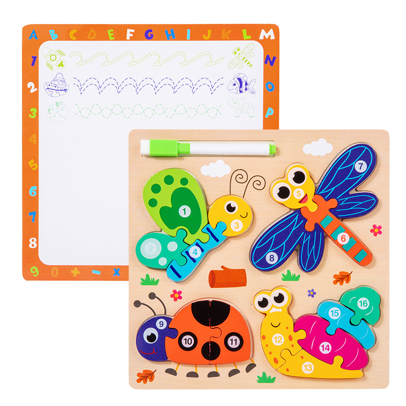 Tablero de rompecabezas de animales hecho a mano para bebés y niños, juguete de regalo de forma de rompecabezas cuatro en uno, madera de rompecabezas de educación temprana Montessori
