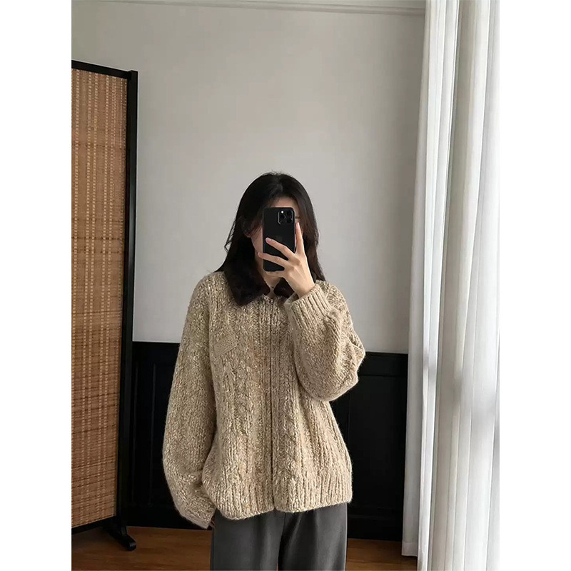 Early Autumn New Style Gentle Korean Chunky Knit Sweater Cardigan for Women, Versatile, Youthful, Elegant Round Neck Long Sleeve Knit Top