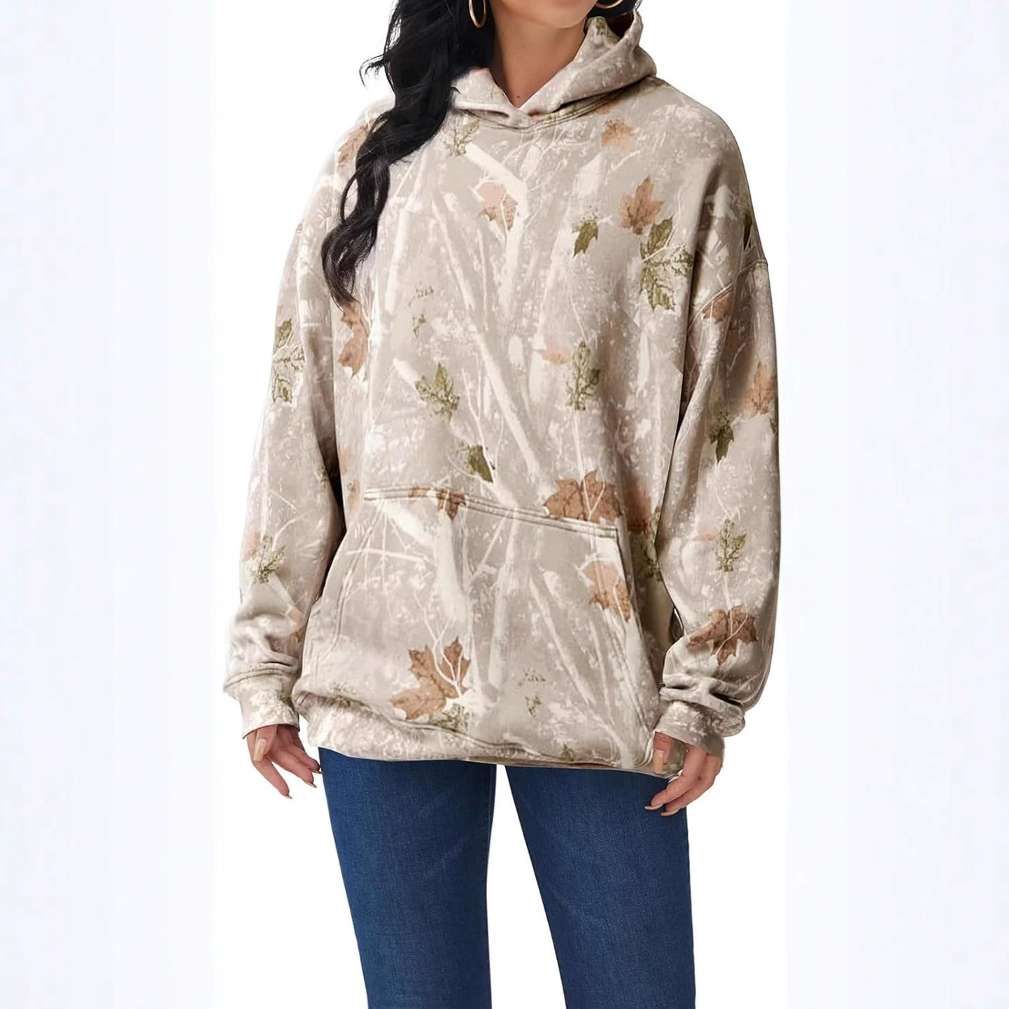 Amazon осень новая женская камуфляжная толстовка с капюшоном кленовый принт негабаритный спортивный свитер с капюшоном с карманом