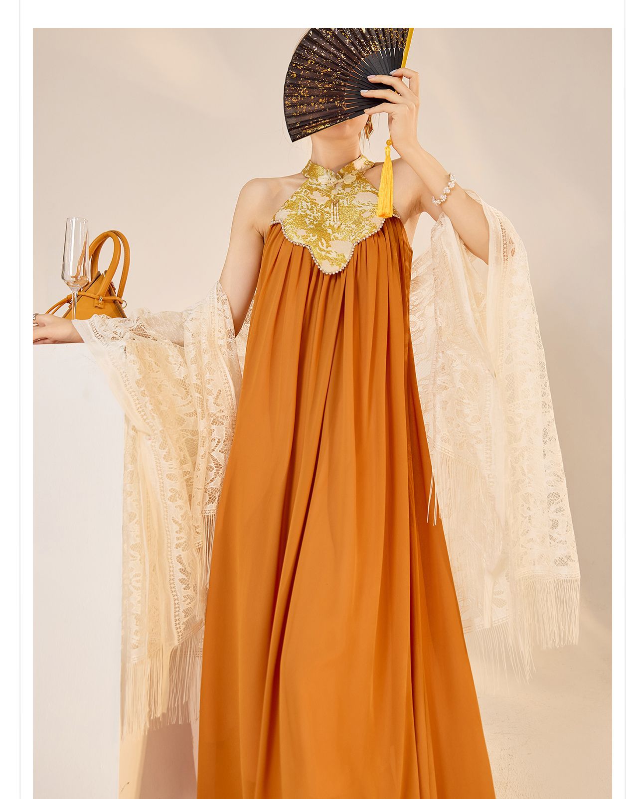Váy dài cổ qipao thiết kế sang trọng mùa xuân hè — Màu cam, Màu mơ chi tiết 12
