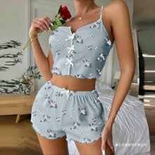 亚马逊欧美薄款跨境爆款印花花卉蝴蝶结吊带家居服两件套可外穿