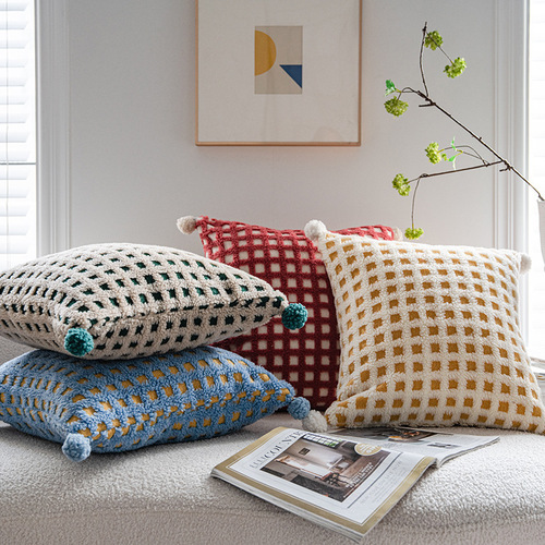 Nordic ins style sherpa three-dimensional checkerboard pattern cut pillow living room sofa office waist pillow cover