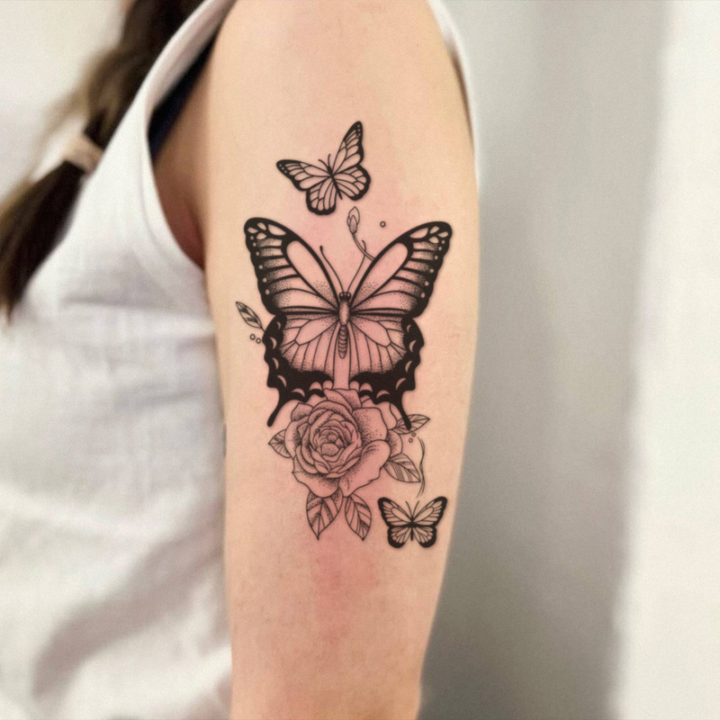 Realistic Butterfly Rose Tattoo Sticker, Waterproof and Long-Lasting, High-End Realistic Tattoo for Women's Upper Arm Realistic Butterfly Rose Tattoo Sticker, Waterproof and Long-Lasting, High-End Realistic Tattoo for Women's Upper Arm