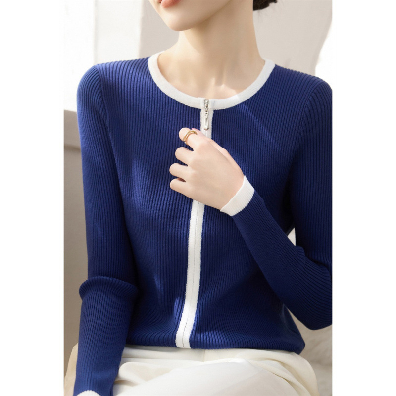 2025 nuevo diseño transfronterizo de cremallera de cuello redondo chaqueta de punto de camisa corta de mujer color corto cardigan de manga larga suéter