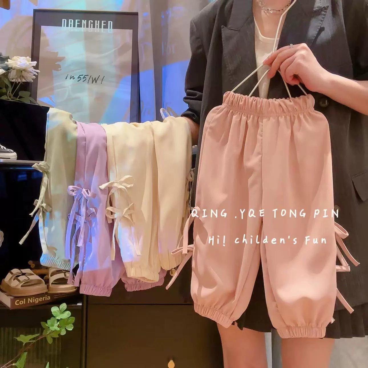 Летняя новая детская одежда тонкая свободная сплошная, дикая иностранная модная корейская версия девушки с бантом повседневные штаны от комаров