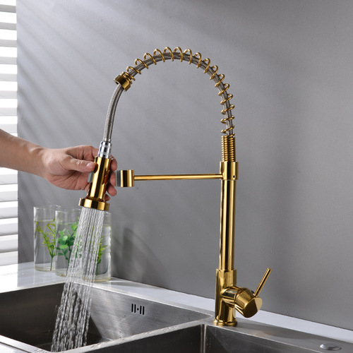 Cross-border exclusive supply of golden spring pull-out kitchen faucet hot and cold multi-functional sink dish basin faucet