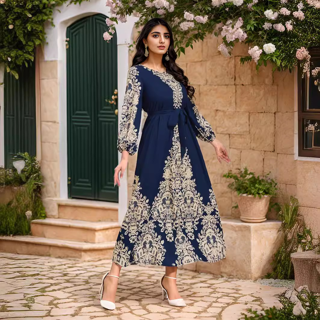 M23 Arabic-style Waist-cinching Printed Dress, Popular Item On Independent E-commerce Sites, Middle Eastern Foreign_ecoleips.com