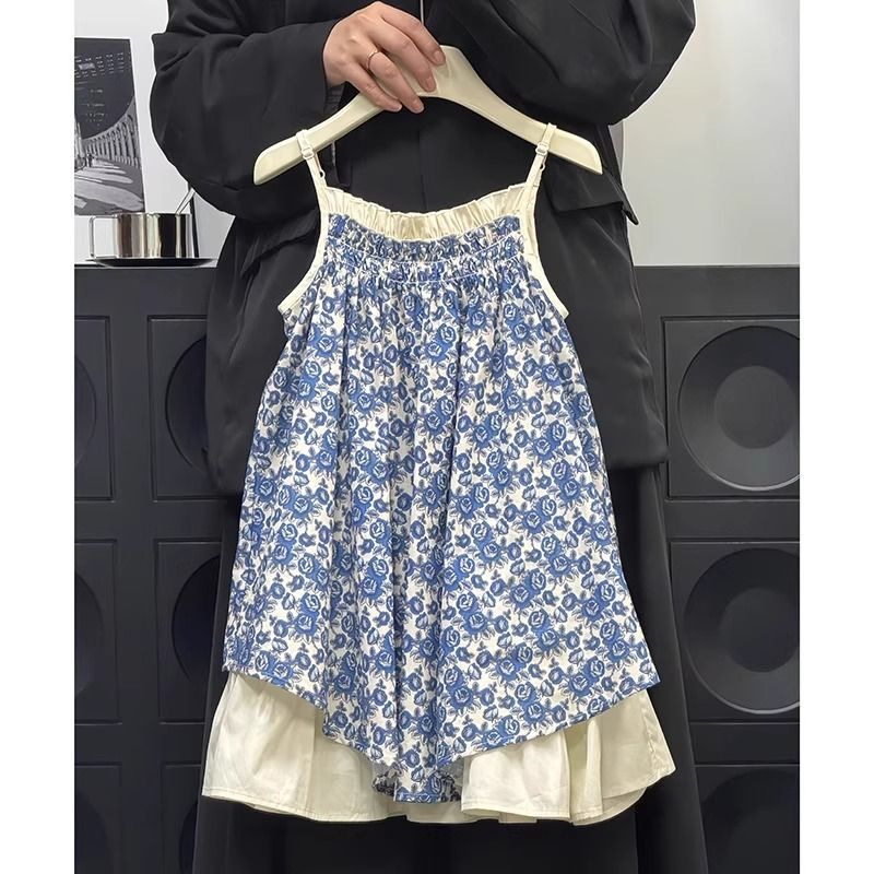 Vestido de verano para niñas 2025 nuevo estilo falda de moda para niños estilo occidental tirantes florales falso chaleco falda de playa