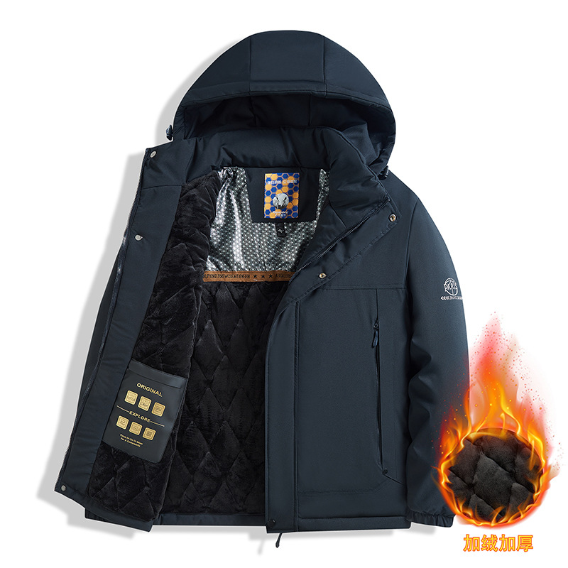 Autumn and Winter Outdoor Hooded Workwear for Dad and Grandpa, Fleece-Lined and Thickened, Large Size Cotton Jacket, Windproof Cotton Coat