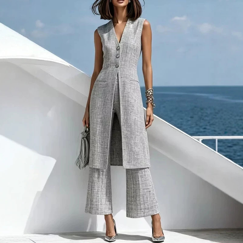 2026 European and American cross-border foreign trade women's elegant gray single-breasted vest and pants two-piece suit
