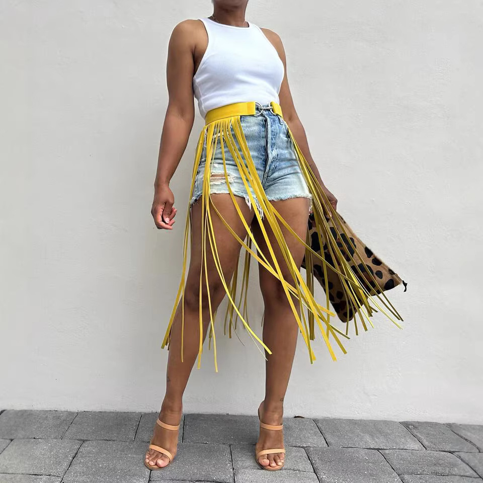 Punk Style Long Tassel Midi Skirt American Solid Color Below Knee Beach Style Thin Summer Skirt_ecoleips.com