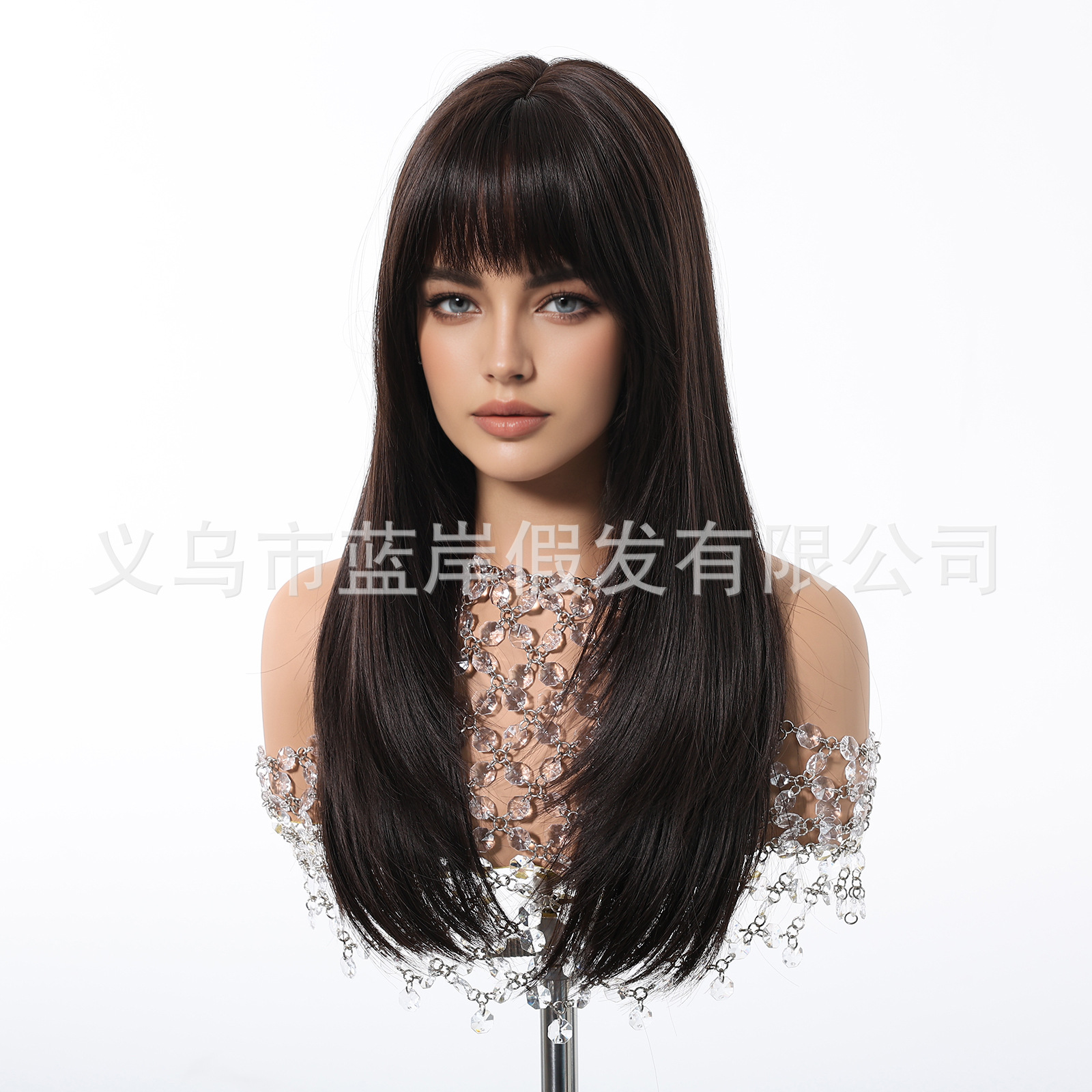 Nuevas pelucas transfronterizas, flequillo de aire, nivel de atmósfera, negro, marrón, cabello largo y liso, cubierta de fibra química, punto de fábrica