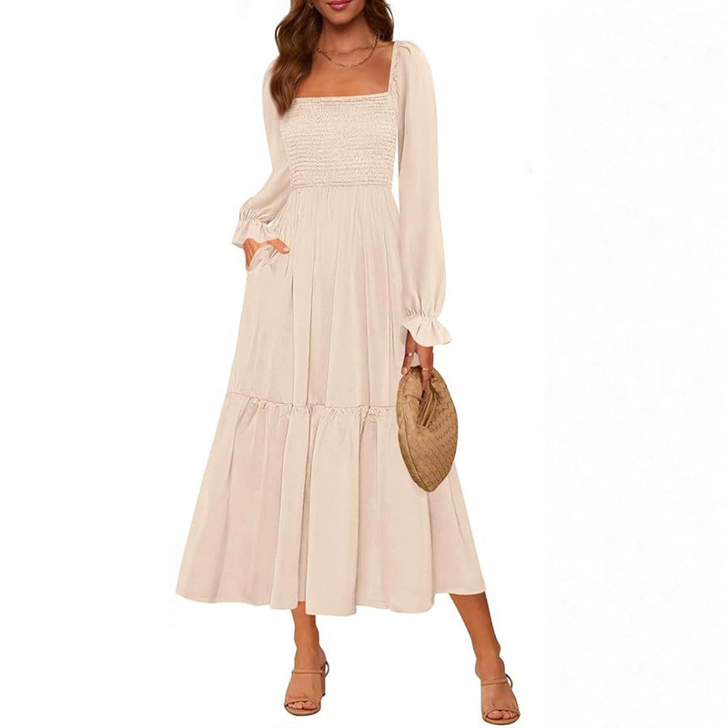 2025 Autumn Long Sleeve Casual Mid-Length Dress Smocked Square Neck High Waist Flowing A-Line Skirt 2025 Autumn Long Sleeve Casual Mid-Length Dress Smocked Square Neck High Waist Flowing A-Line Skirt