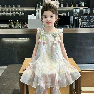 女童夏装飞袖碎花连衣裙学生小女孩甜美风荷叶边公主裙洋气韩版