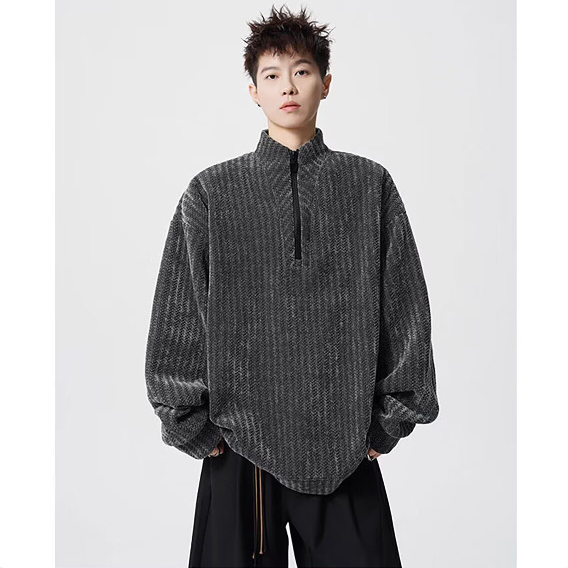 Hueso de pescado estriado semi-cremallera suéter hombre vello suave glutinoso primavera otoño manga larga medio alto cuello marea fábrica transfronteriza al por mayor