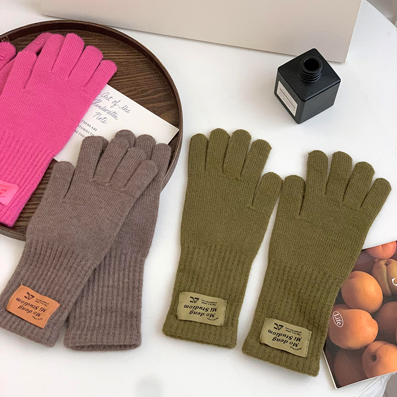 Guantes de ciclismo de invierno nuevo caliente polvo de frambuesa coreano color sólido alargado y grueso guantes de lana de punto de cinco dedos