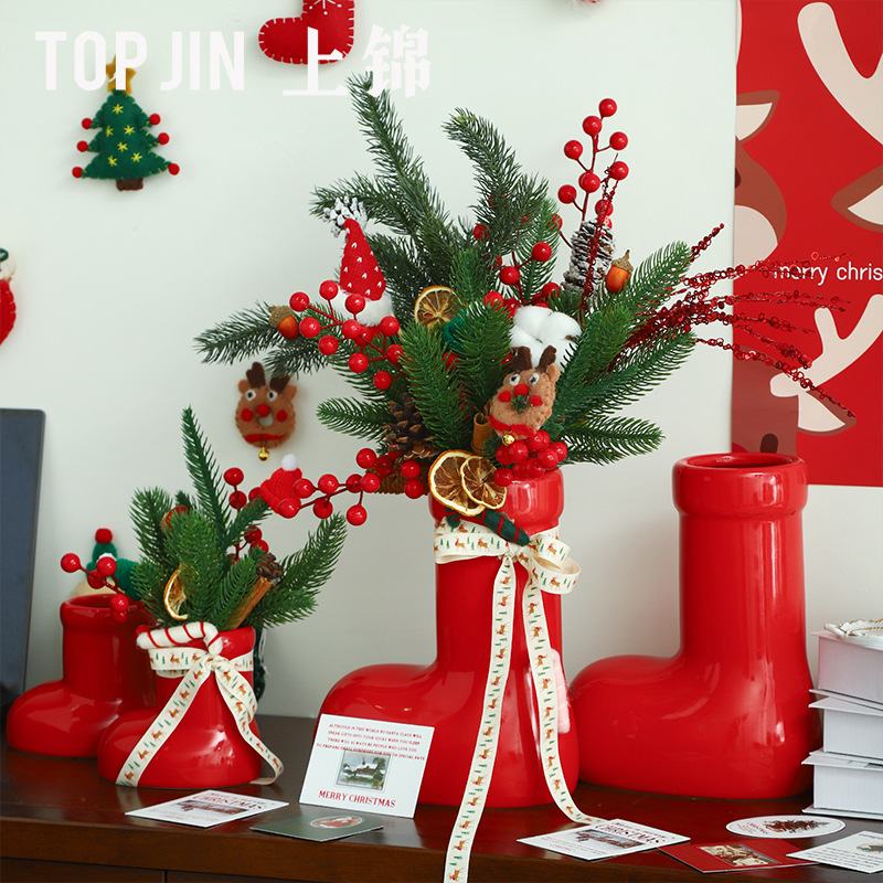 圣诞节小红靴陶瓷花瓶家居摆件小众创意陶瓷花瓶花店圣诞礼物diy