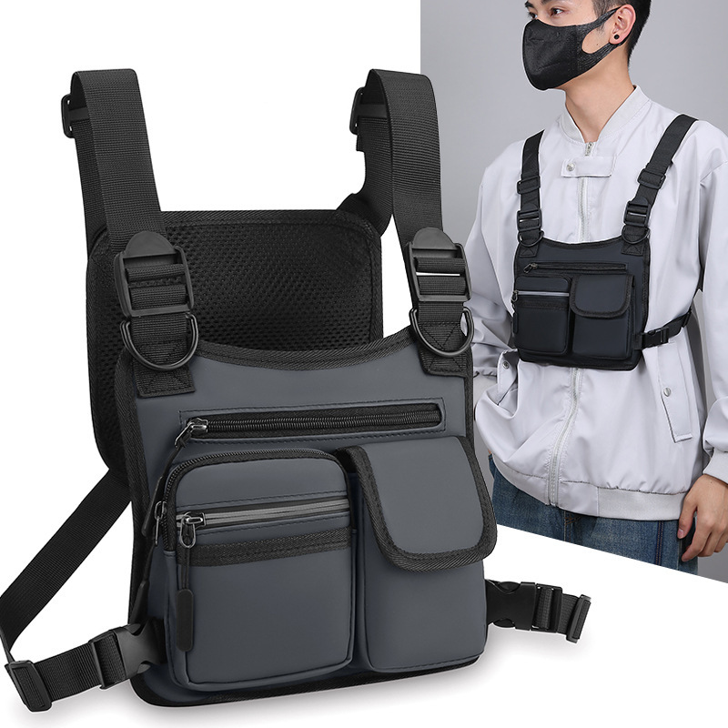 トレンドpu皮膜戦術バッグ大容量多ポケット機能ベストバッグカジュアル個性工装風男性胸バッグ|undefined