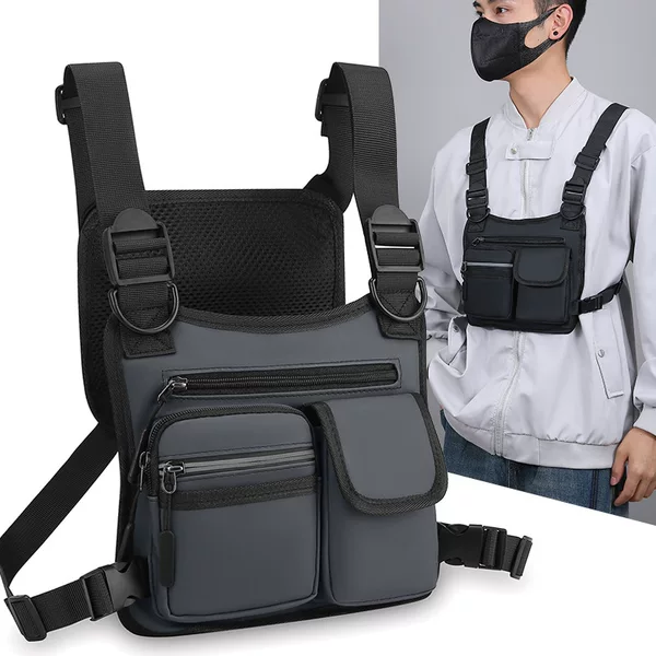 Trendy PU Leather Film Tactical Bag Large Capacity Multi-Pocket Functional Vest Bag Casual Personalized Workwear Style Men's Chest Bag