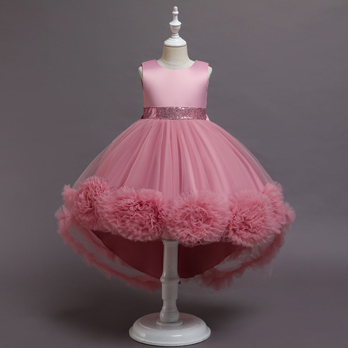New Women's Children's Dress Princess Dress Net Fabric Flower Puffed Dress with Back Heart and Train for Piano Performance