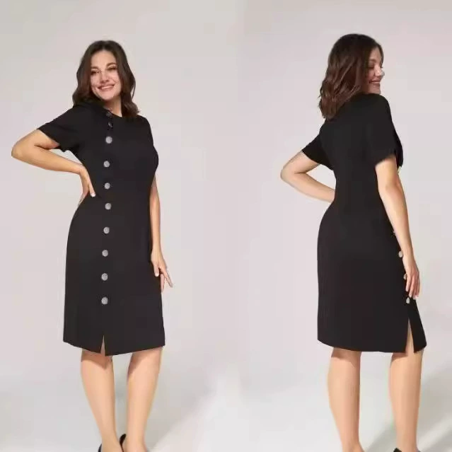 2025 Европейская и американская трансграничная новая мода: платье с круглым вырезом и пуговицами, однотонное