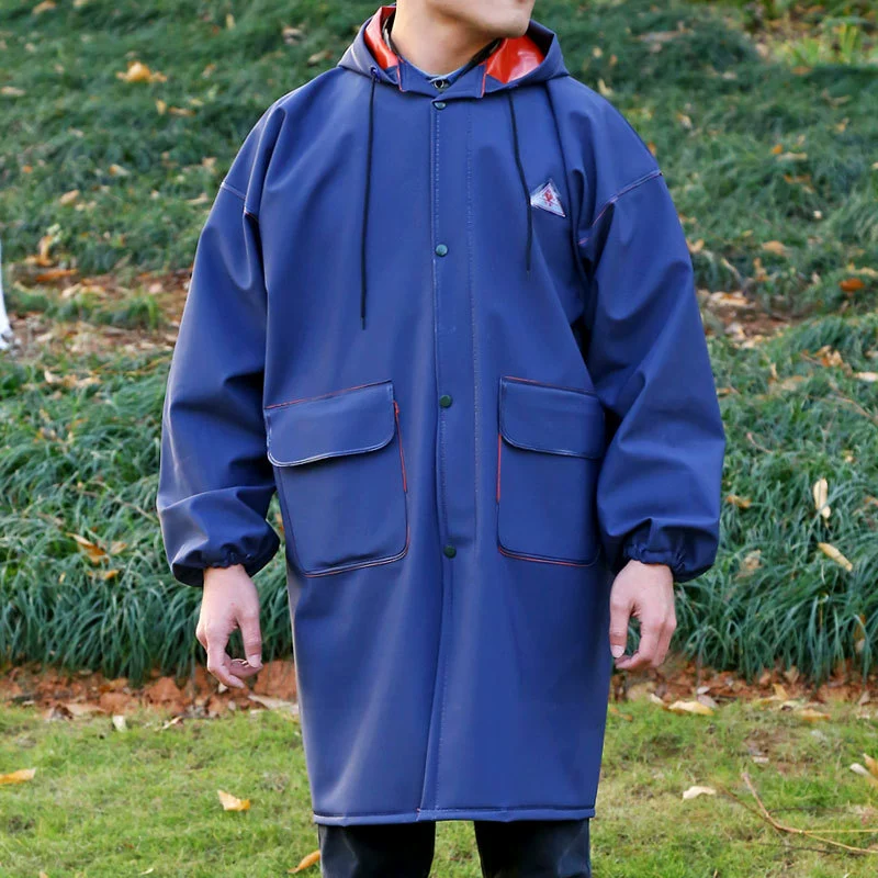 Фабрика прямых продаж двухцветная длинная пуговица дождевая водонепроницаемая дождевая водонепроницаемая ПВХ композитная пленка с капюшоном плащ утолщенный труд и защита от дождя