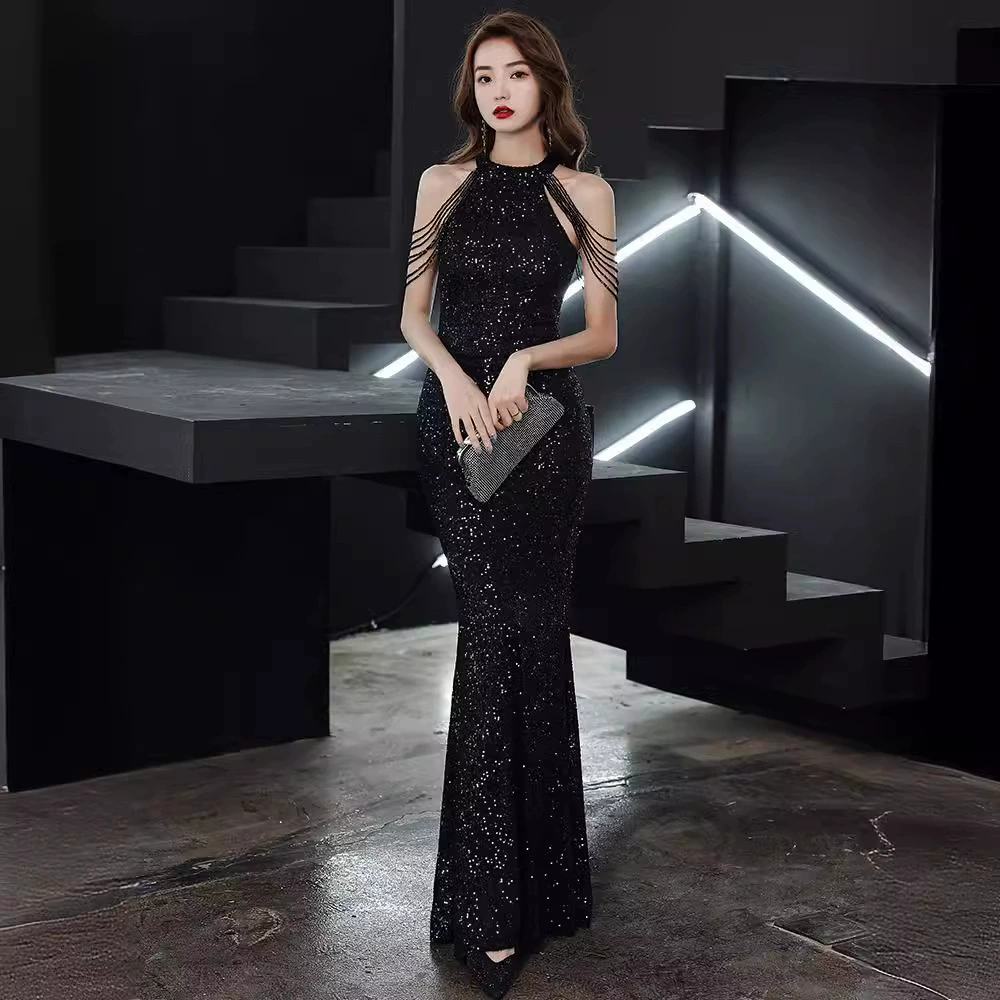 Женское вечернее платье, длинное платье с пайетками,halter neck с цепочками на плечах, от S до XXL