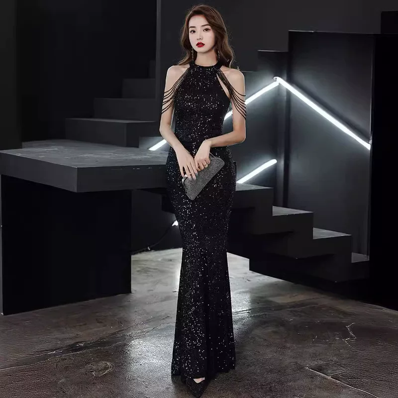 Женское вечернее платье, длинное платье с пайетками,halter neck с цепочками на плечах, от S до XXL