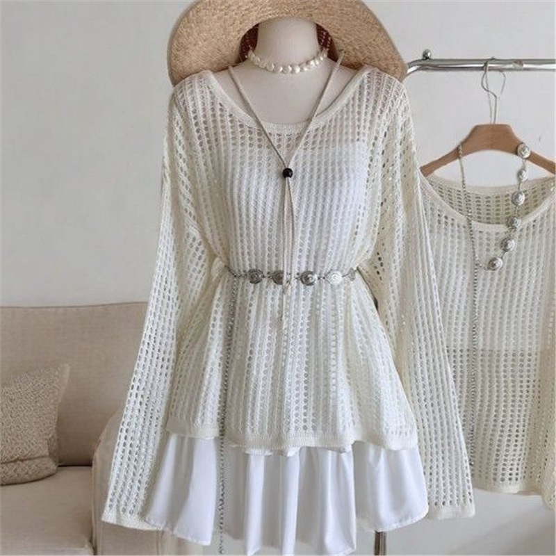 Korean Style Fashionable Lazy Style Cut Out Knitwear Top + Waist Chain + Cake Skirt Women's Autum Sweet and Gentle Three-Piece Set