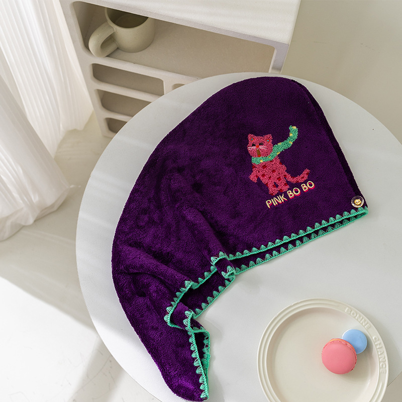 New cartoon embroidered coral velvet dry hair hat for women, soft and absorbent headscarf for home use, with buttons, bath cap for wholesale