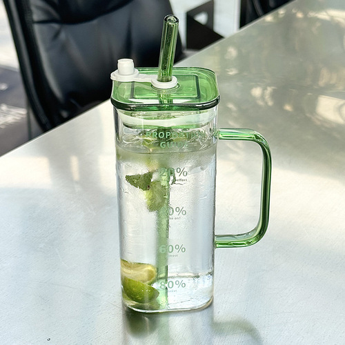 Square glass cup, high-end aesthetic water cup for women, household with handle straw cup, transparent beer, beverage, milk tea, new style cup