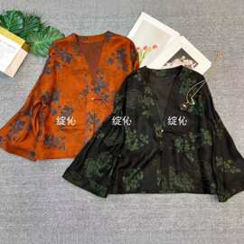 早秋黑色植绒小上衣立体蝴蝶钉珠印花圆领短袖显瘦新中式短款恤
