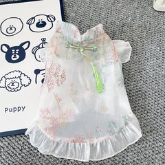 犬と猫の春夏の新しい中国風のチャイナドレスノースリーブボタン通気性のある中国風のスカートビションシーズテディ服薄い