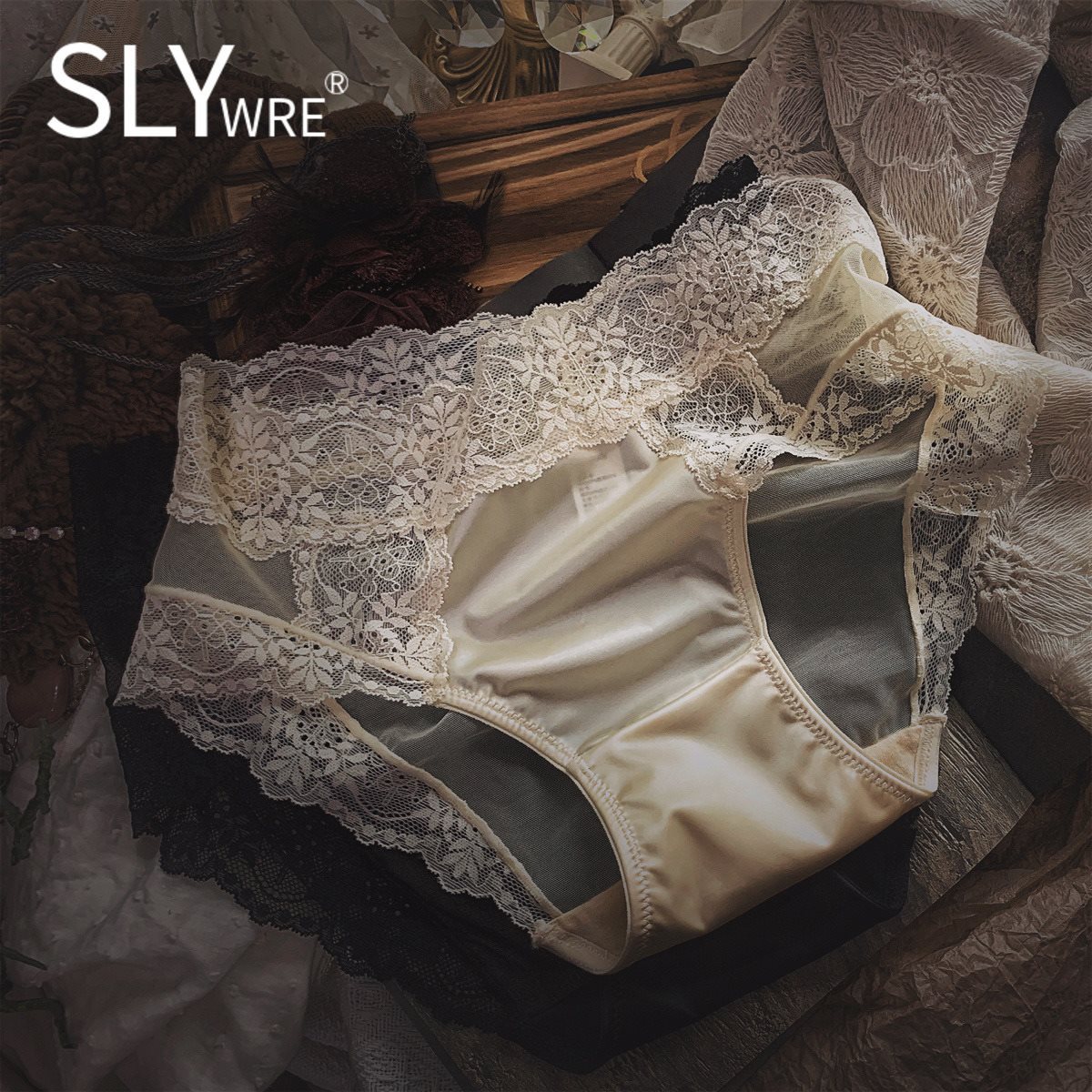 法式SLY WRE缎面蕾丝内裤女士超薄款性感透明网纱中腰无痕三角裤