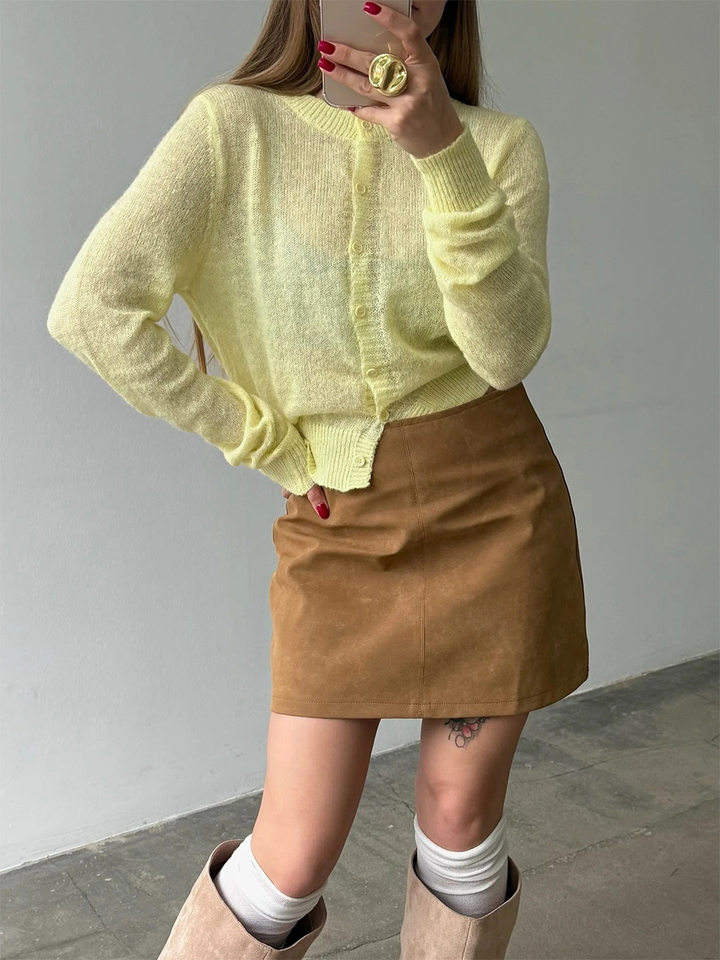 Áo cardigan len nữ dệt kim mỏng cổ tròn dáng rộng phối nút — Vàng nhạt, màu hồng, màu nâu, trắng chi tiết 8