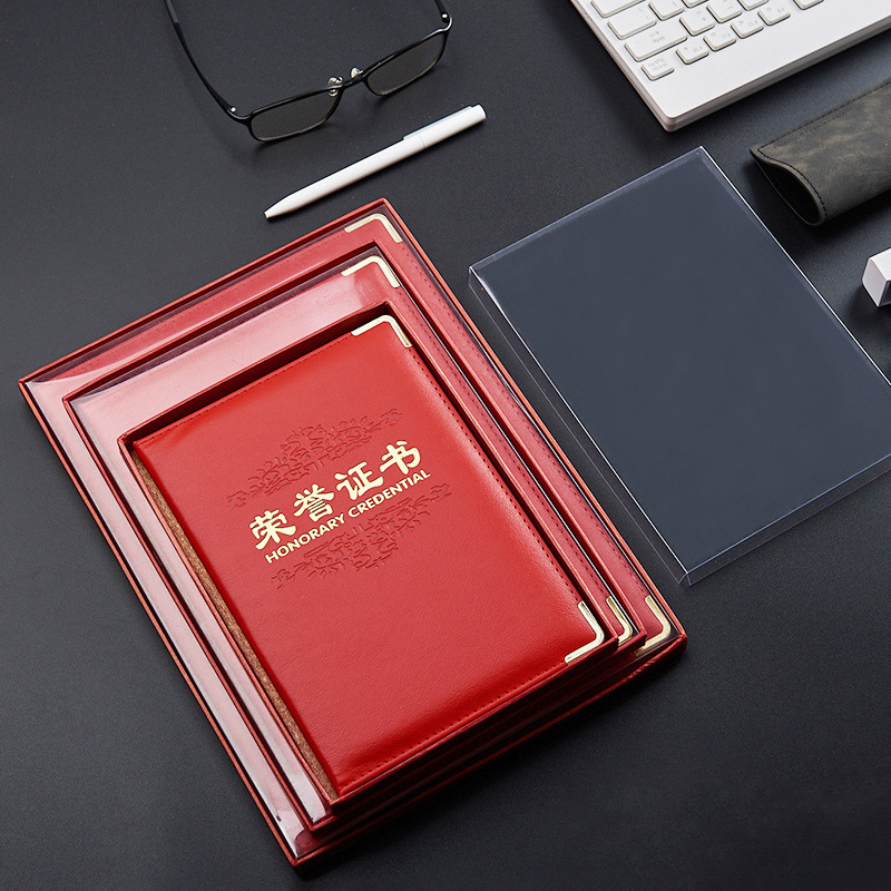 皮革面盒裝A4榮譽證書獲獎狀聘書外殼製作LOGO封面內頁內芯可打印