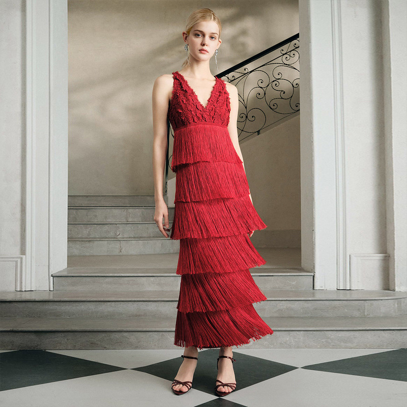 European and American Style Red Lace Embellished Women's Bandage Dress with Tassels, Layered Mid-Length Evening Gown, Direct Supply from the Factory European and American Style Red Lace Embellished Women's Bandage Dress with Tassels, Layered Mid-Length Evening Gown, Direct Supply from the Factory