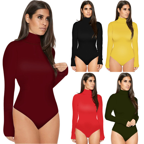 Lingerie base top for women with a stand-up collar, long sleeves, and a slimming effect, featuring a pure color tight-fitting one-piece set